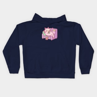 Cute Axolotl Chilling With Handphone Bubble Tea And Popcorn Kids Hoodie